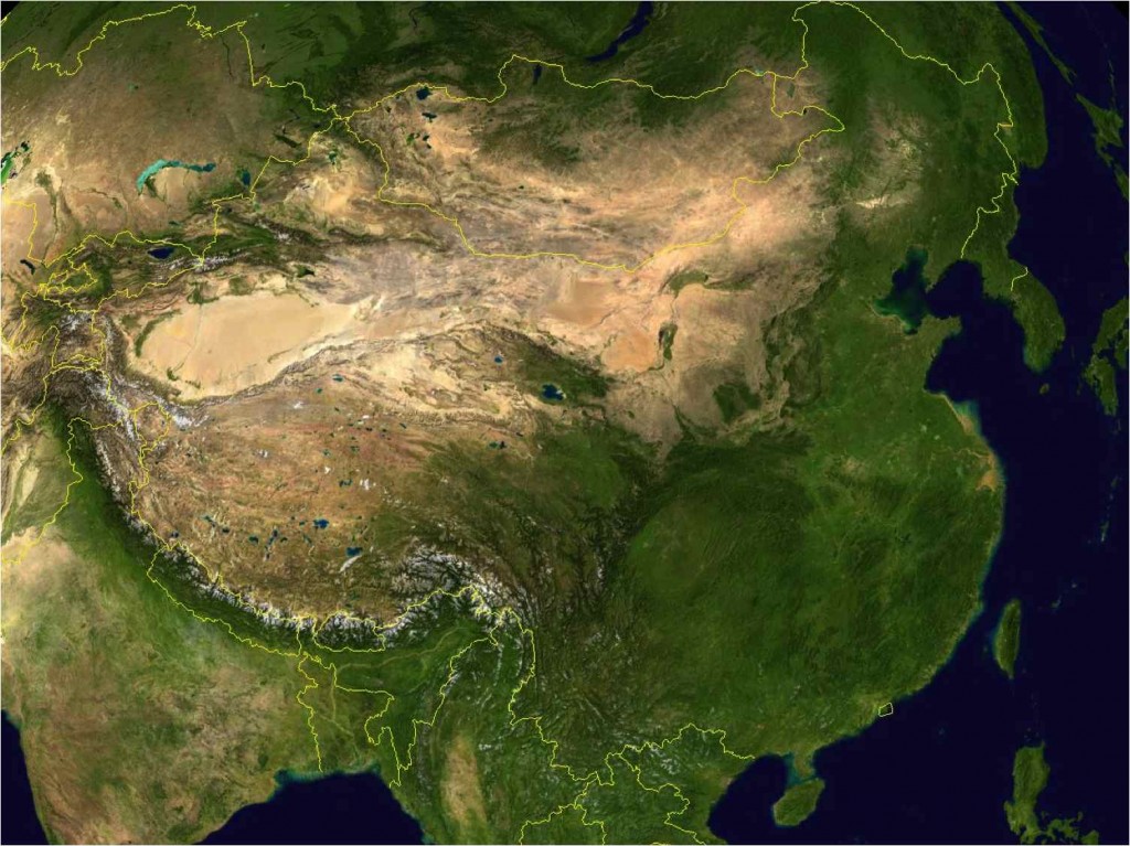 Foto (compuesta de varias fotos tomadas por satélites) de Asia que incluye a los territorios de China, Corea, Mongolia, partes de India y otros estados asiáticos.